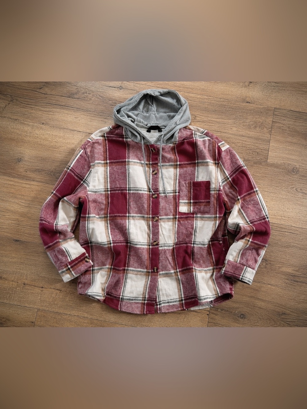 Chic Me Plaid Hooded Utility Jacket in Red Sz S